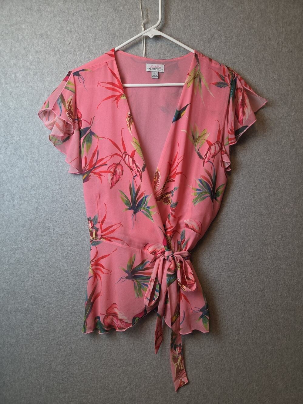 Sweet Pea Stacy Frati Pink Romantic Tropical Floral SS Wrap Blouse Women's XL